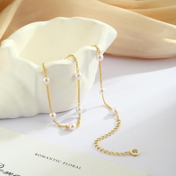 Women's Choker Gold Pearl Necklace 14k Gold Plated Dainty Pearl Necklace Choker - Picture 6 of 7